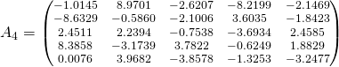 A_4=\scriptsize \begin{pmatrix}-1.0145& 8.9701&   -2.6207&   -8.2199&   -2.1469\\ -8.6329&   -0.5860&   -2.1006& 3.6035&   -1.8423\\ 2.4511& 2.2394&   -0.7538&   -3.6934& 2.4585\\ 8.3858&   -3.1739& 3.7822&   -0.6249& 1.8829\\ 0.0076& 3.9682&   -3.8578&   -1.3253&   -3.2477\end{pmatrix}