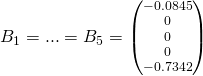 B_1=...=B_5= \scriptsize \begin{pmatrix}  -0.0845\\ 0 \\ 0 \\ 0 \\-0.7342\end{pmatrix}
