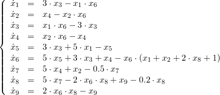   \[   \left\{   \begin{array}{lcl}    \dot{x}_1 & = & 3 \cdot x_3 - x_1 \cdot x_6 \\    \dot{x}_2 & = & x_4 - x_2 \cdot x_6 \\    \dot{x}_3 & = & x_1 \cdot x_6 - 3 \cdot x_3 \\    \dot{x}_4 & = & x_2 \cdot x_6 - x_4 \\    \dot{x}_5 & = & 3 \cdot x_3 + 5 \cdot x_1 - x_5 \\    \dot{x}_6 & = & 5 \cdot x_5 + 3 \cdot x_3 + x_4 - x_6 \cdot (x_1 + x_2 + 2 \cdot x_8 + 1) \\    \dot{x}_7 & = & 5 \cdot x_4 + x_2 - 0.5 \cdot x_7 \\    \dot{x}_8 & = & 5 \cdot x_7 - 2 \cdot x_6 \cdot x_8 + x_9 - 0.2 \cdot x_8 \\    \dot{x}_9 & = & 2 \cdot x_6 \cdot x_8 - x_9   \end{array}   \right.  \] 